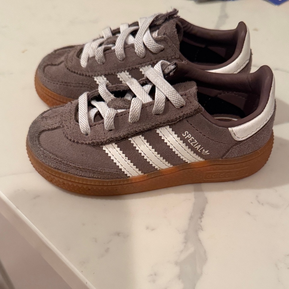 adidas Kids Spezial Suede Sneakers in Brown with White Stripes and Gum Sole
